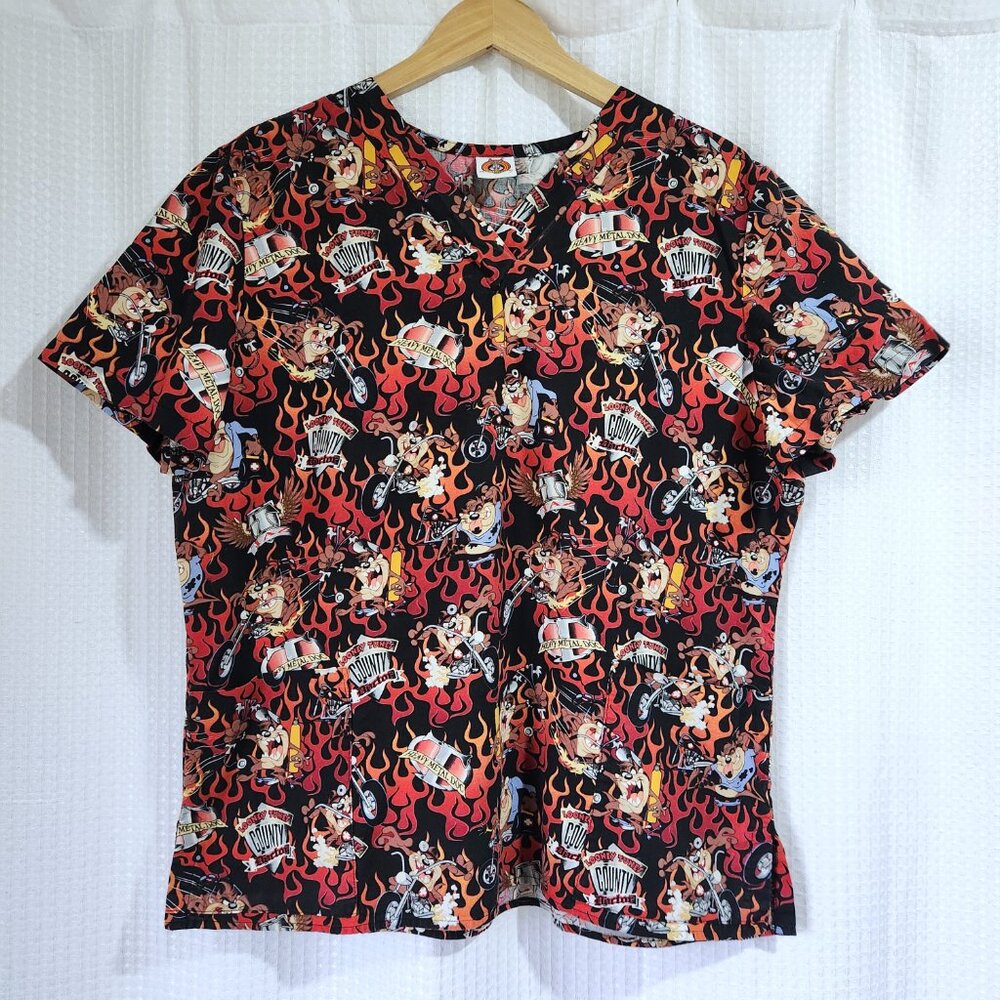 Looney Tunes Taz Scrub Top Women’s XL V‑Neck Pockets Nursing Uniform